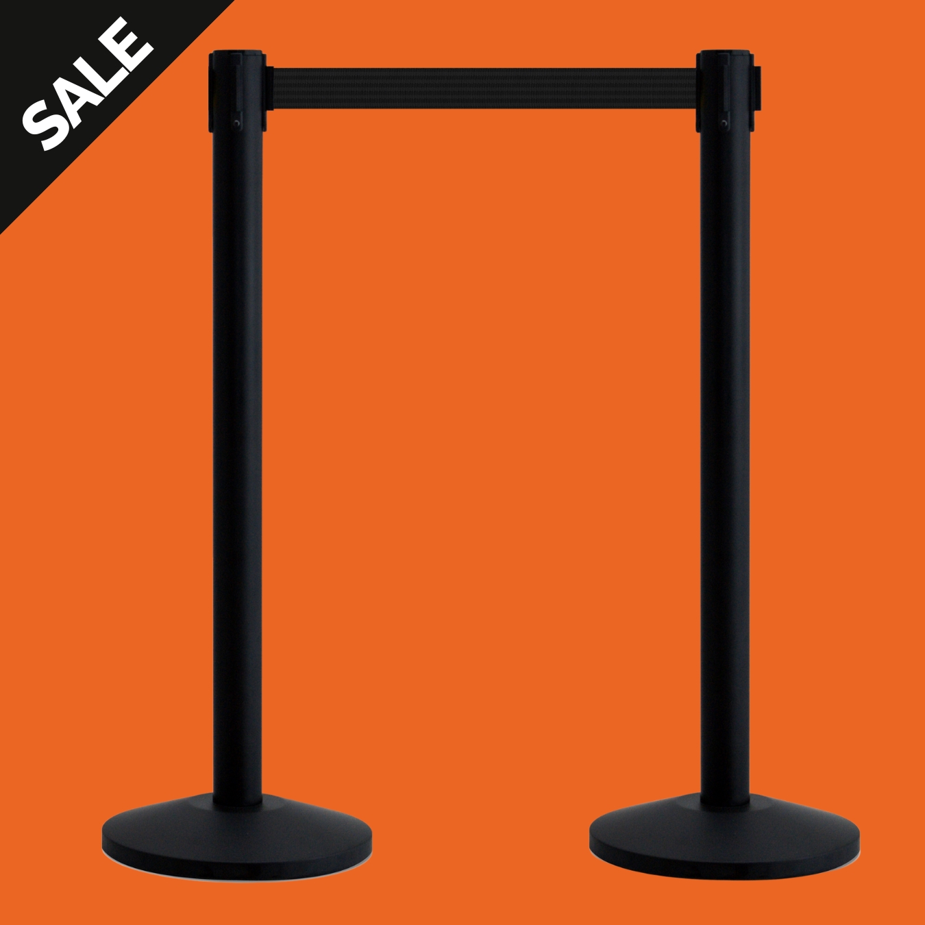 Two QueueWay Retractable Belt Barriers with Black Posts and Black Webbing