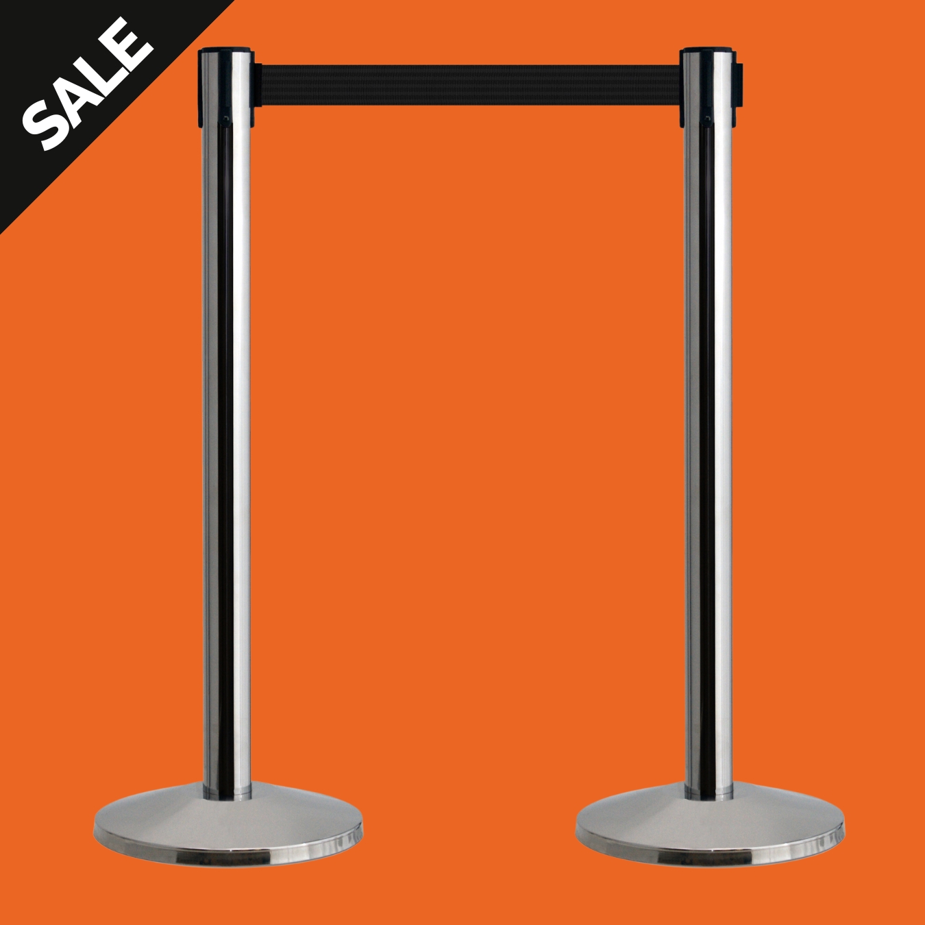 Two QueueWay Retractable Belt Barriers with Polished Chrome Posts and Black Webbing