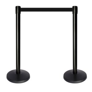 Two QueueWay Plus Retractable Belt Barriers with Black Posts and Black Webbing, Available with Black and Yellow Chevron Webbing, QPLUS-2PK-33B9, Lawrence, Tensator.
